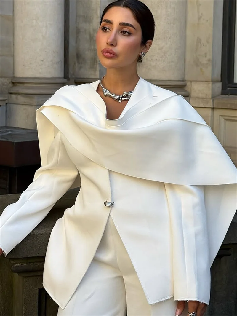 Branco envoltório cachecol feminino terno conjunto 2 pçs blazer + calças de algodão formal casamento convidado jaqueta feriado banquete festa casaco nupcial