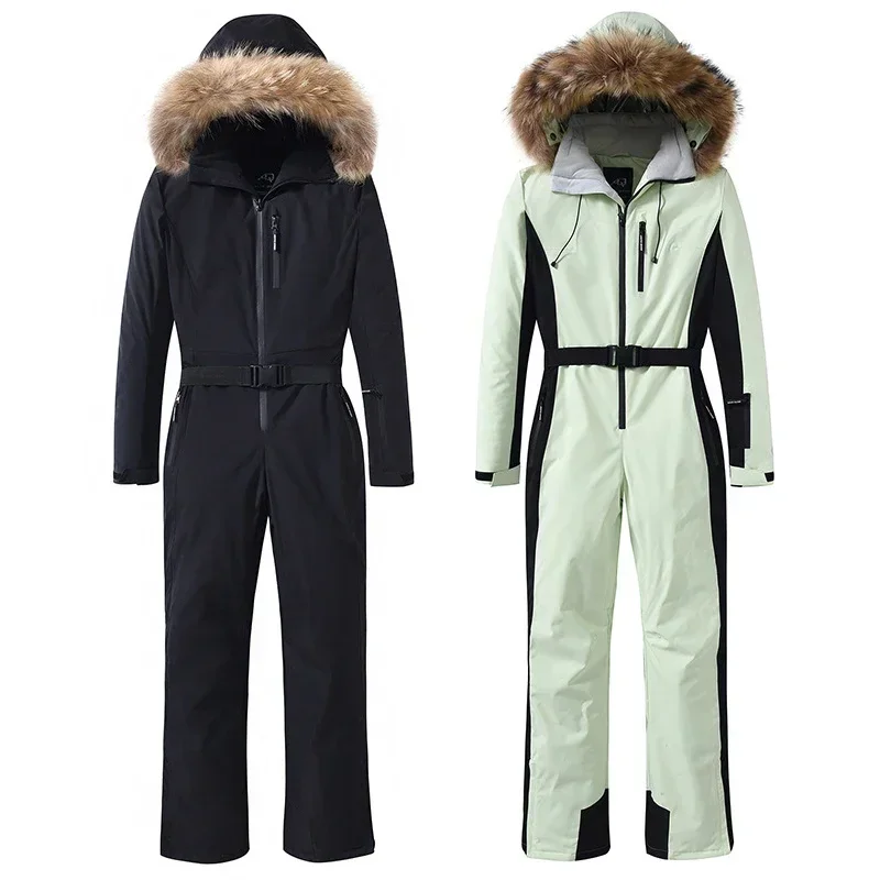 Fur Hooded Woman One Piece Snow Suits Winter Slim Women Ski Jumpuist Outdoor Mountain Female Snowboard Overall Insulated Clothes