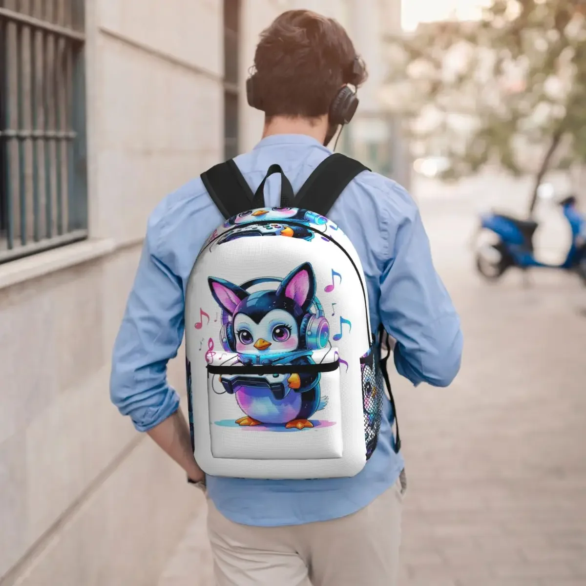 Colorful Penguin With Headphones Cartoon Student Backpack School Bag Hiking Travel Daypack for Boys Girls Bookbag Shoulder Bags