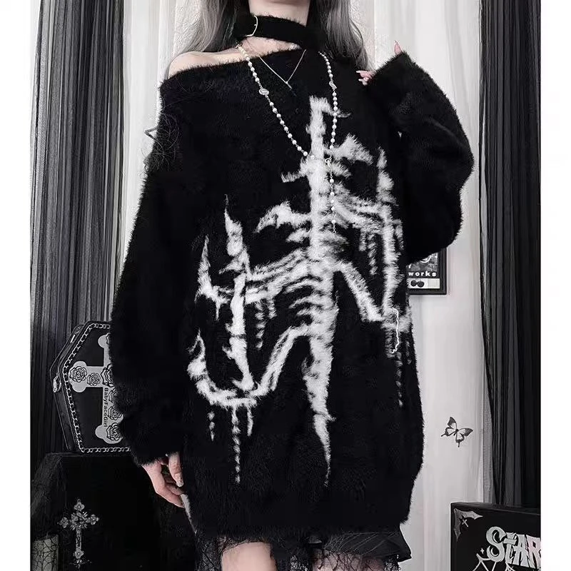 Subculture Punk Style Long Sleeve Pullovers Women Casual Slash Neck Y2K Sweaters American Vintage Slim Fit Girl Clothing Autumn