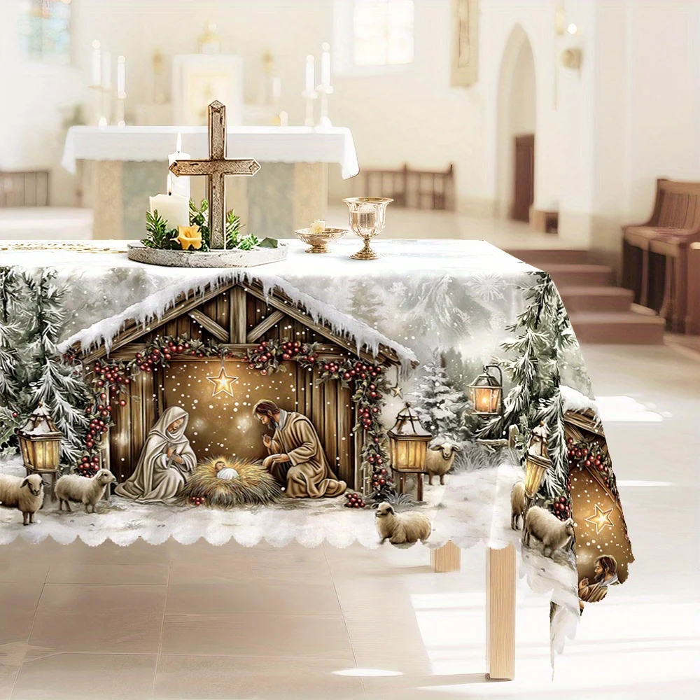 Christmas, winter snow tablecloths with white decorations, manger with stars and sheep patterns, vintage and traditional style