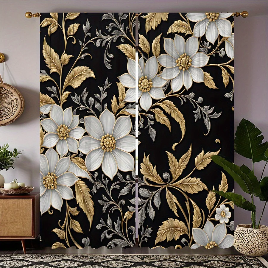 Black Background White Golden Flower Leaf Blackout Rod Pocket Curtain Luxury Gilded Floral Decor Elegant Homestay Living Room