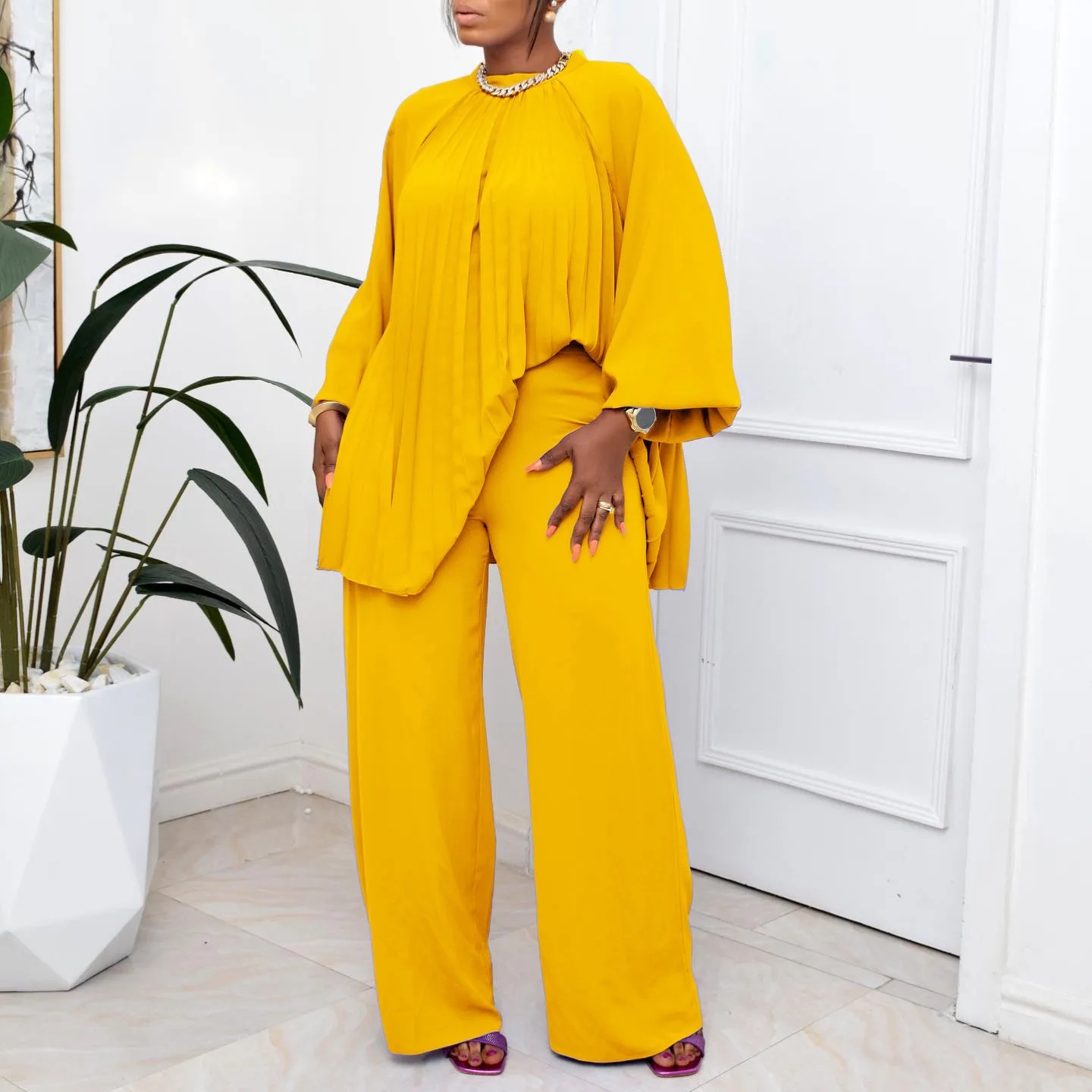 L-3XL African Women Clothing for 2024 Fashion New Style Plus Size Two Piece Sets Loose Seven Sleeve Top and Pant Suits Wholesale