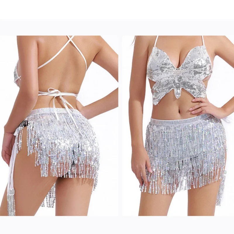 Danse du ventre Costume Latin jupe paillettes brillantes gland ceintures chaîne jupe Club pom-pom girl Football bébé modèle Hula hanche taille écharpe