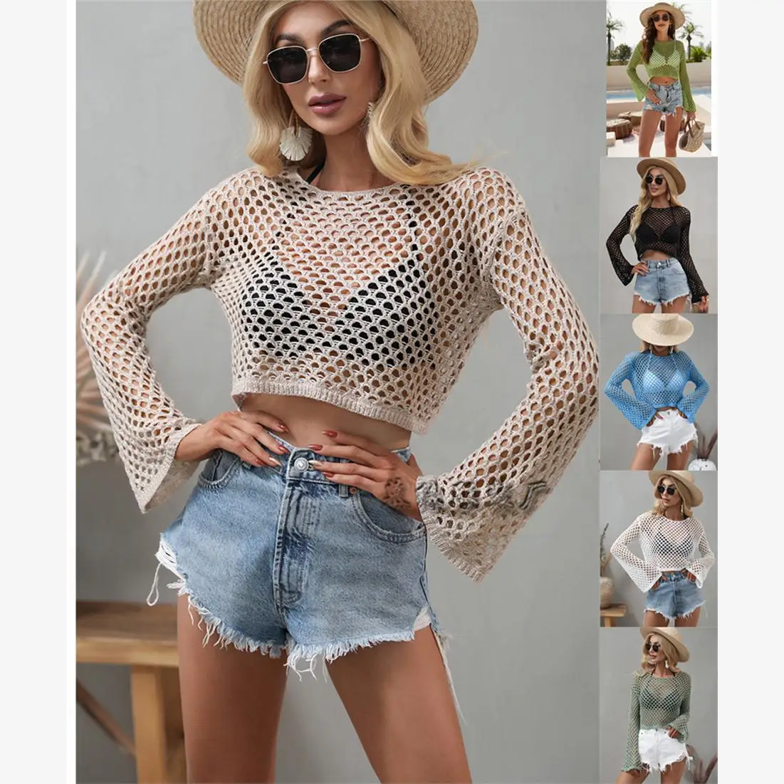

Loose Knitted Sweater Hollow out Bell Sve round Ne Women's Spring Summer New Sle Faion Commute Sle Ultra Thin Long...
