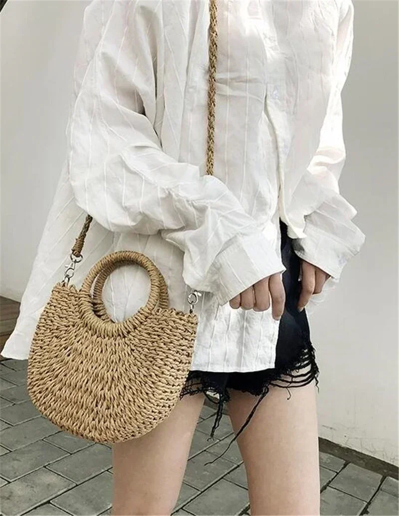 LW034 bolso de paja tejido de ratán medio redondo hecho a mano para mujer, bandolera de verano, bolso de playa pequeño para niñas