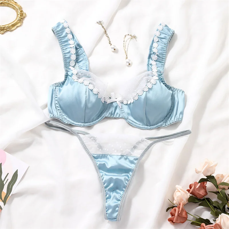 Sexy Lingerie For Woman Luxury Satin Bra Set Lace Splicing Underwear Erotic Lingerie Beautiful Intimate Outfits Fancy Underwear