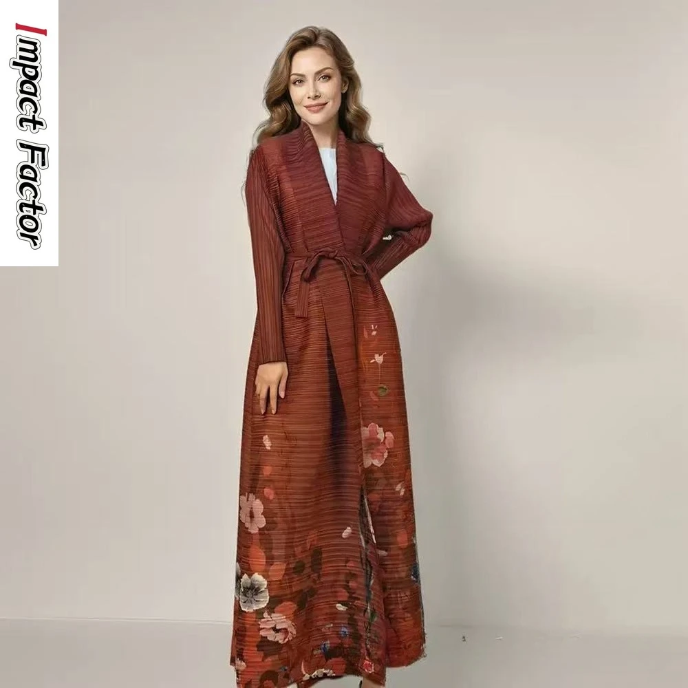 Miyake Fashion Printed Trench Coat Women's Premium Cardigan Waist Lapel Long Sleeve Cardigan Pleated Long Jacket