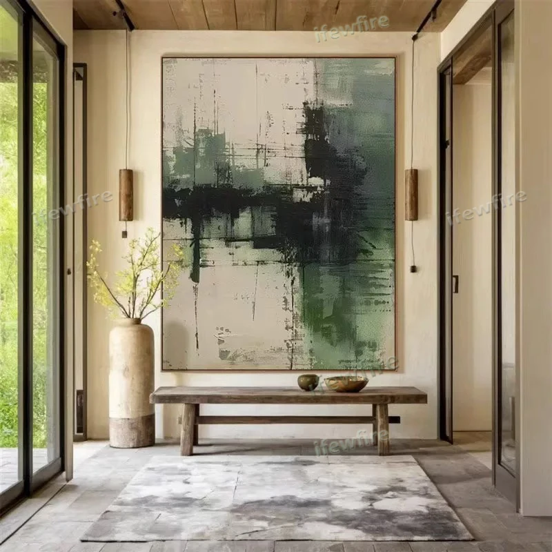

Large Geometric Abstract Painting Beige And Green Minimalist Wabi-Sabi Wall Art Green Canvas Wall Art Modern Green Wall Decor