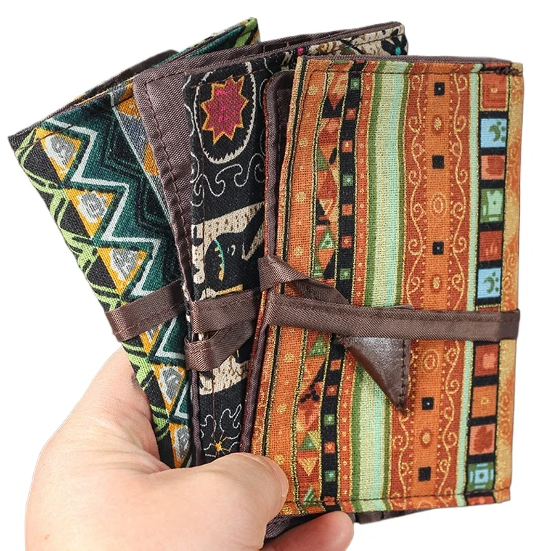 Vintage Ethnic Style Hand-Rolled Tobacco Pouch Cloth Printed Portable 3-Fold Smoking Bag Men's Smoking Accessory