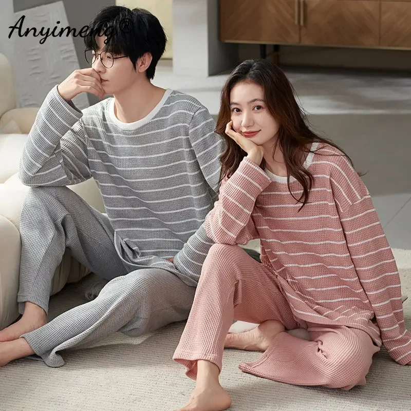 Spring Autumn His and Hers Pajamas New Fashion Nightwear Long Sleeved Stripe Printing Waffle Cotton Couple Pijama Sleepwear