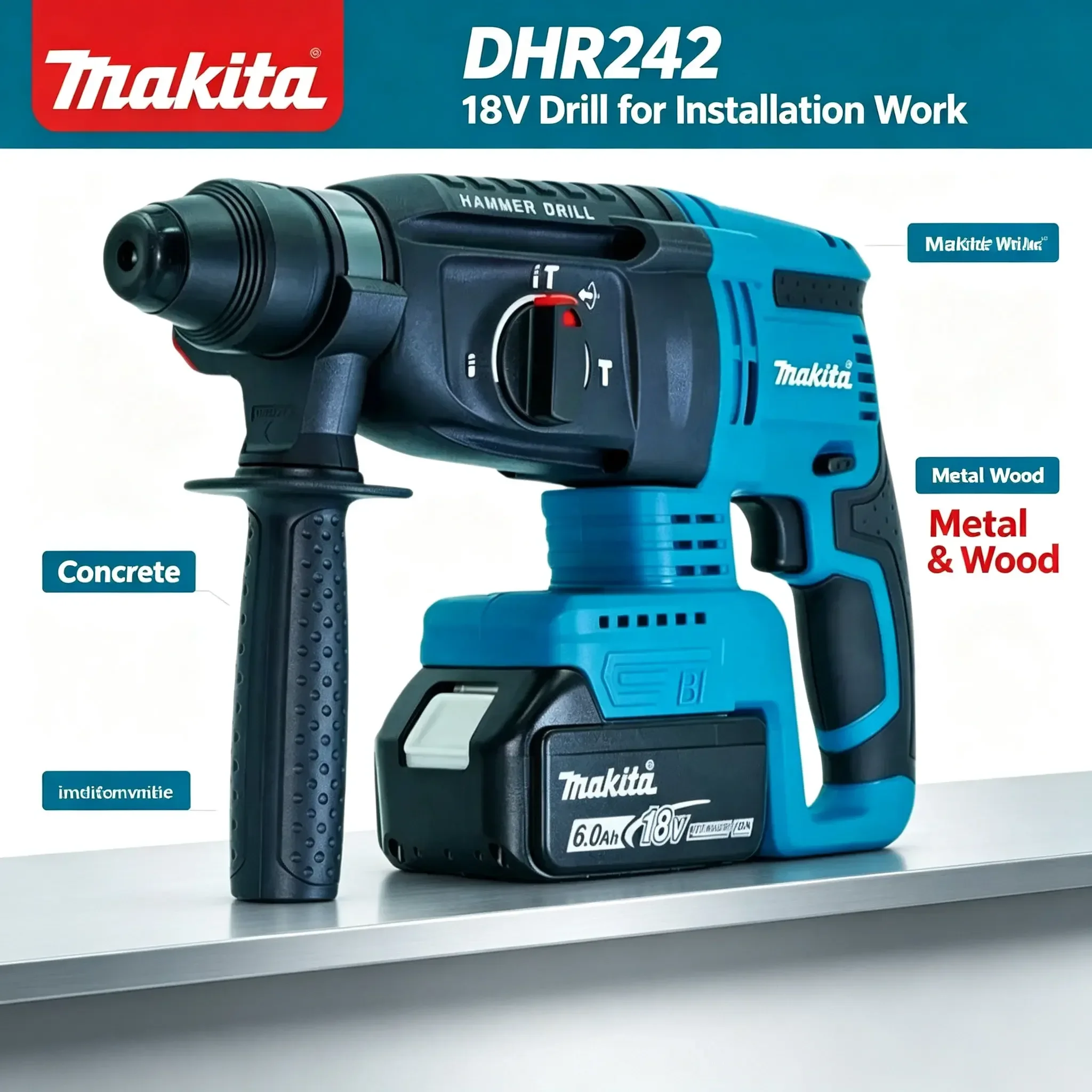 Makita DHR242, martello perforatore rotante SDS-Plus a 18V con motore brushless, 3 modalità di perforazione e trapano a percussione, batteria BL1860B da 6,0 Ah.