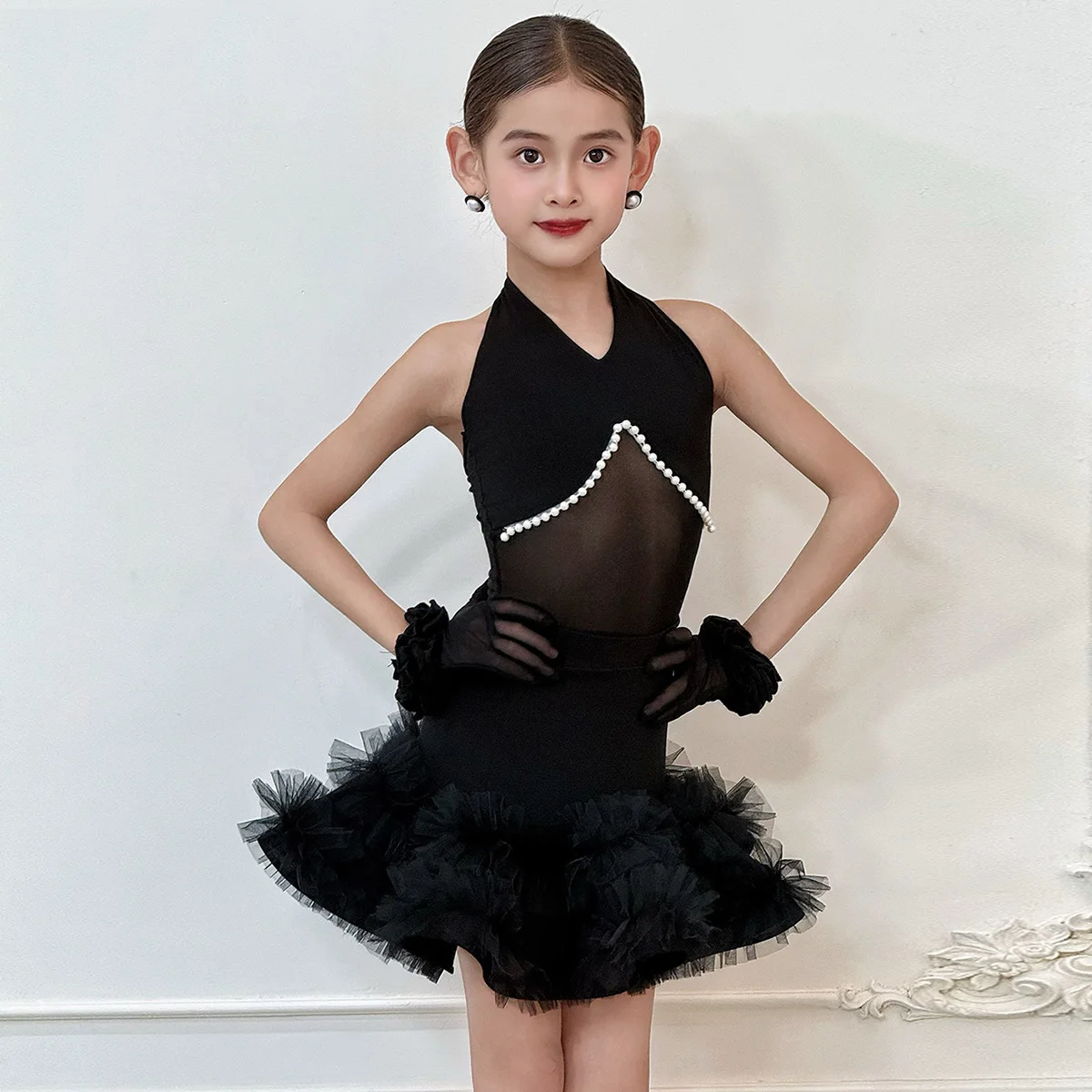 

Черный детский костюм для латиноамериканских танцев: боди с открытой спиной и шифоновая юбка-пачка для девочек