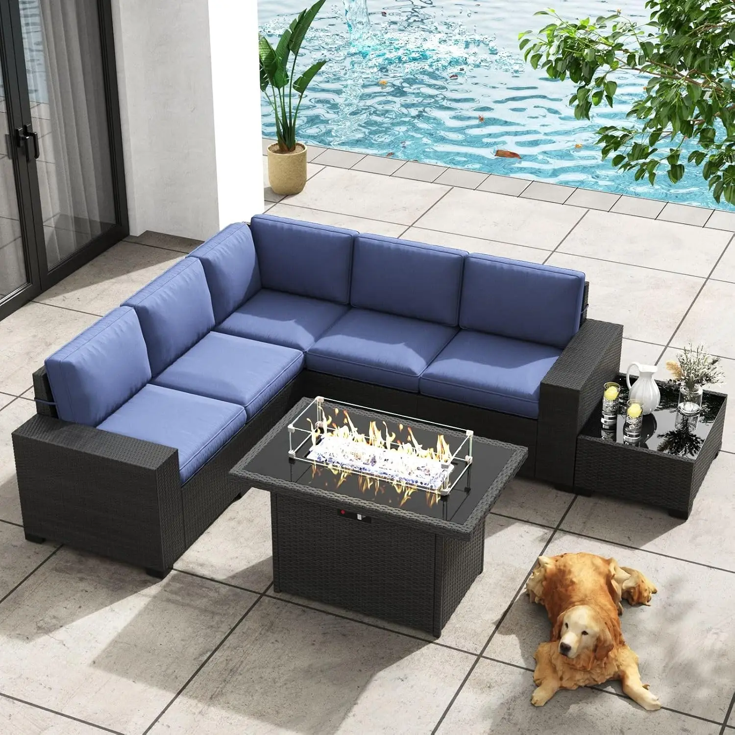 Patio Wicker Sofa Set With Fire Pit Table, 7 Pieces All-Weather Outdoor Sectional Conversation Furniture, Customized