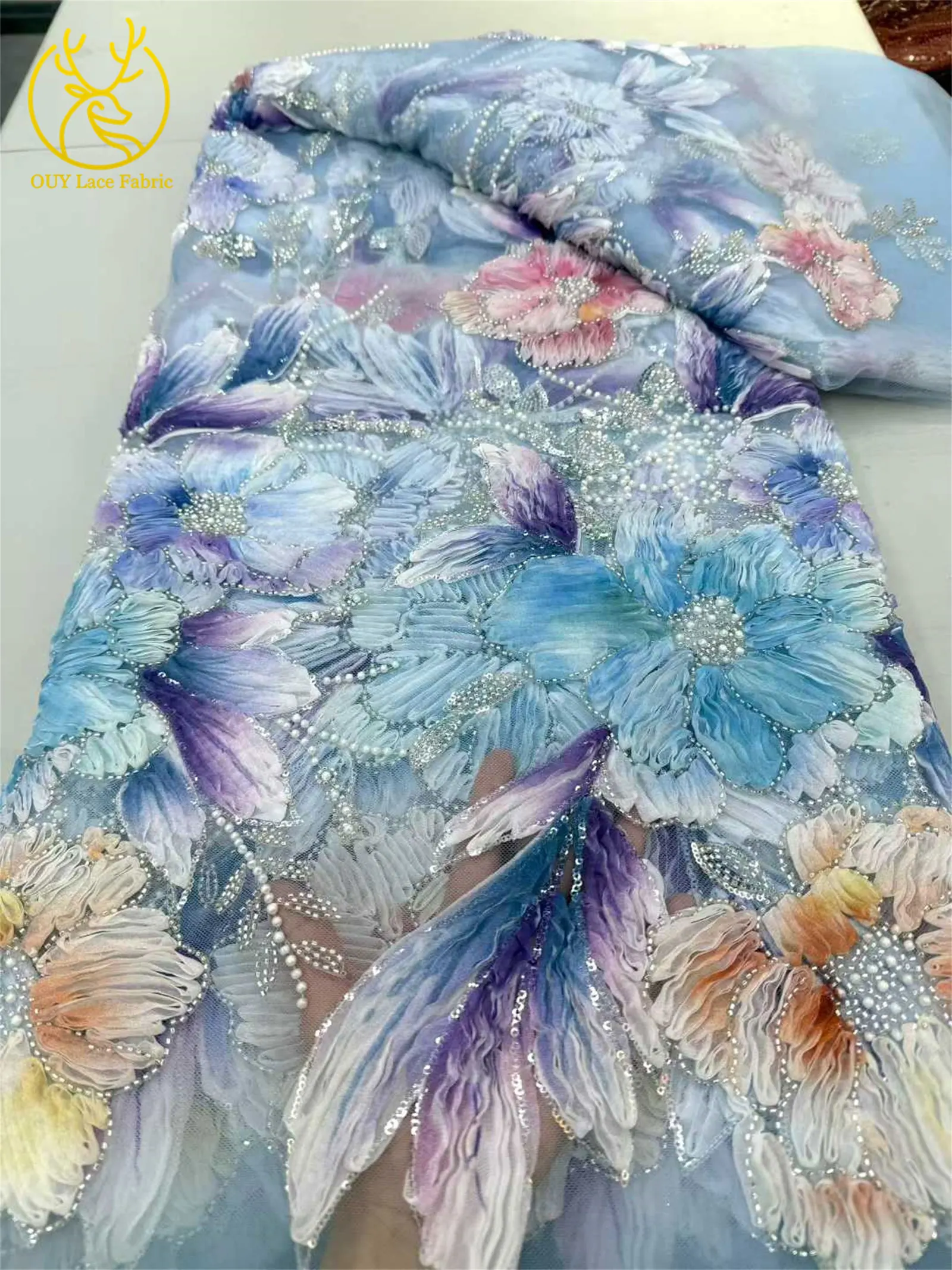 Afrika 3D-Blumenspitzenstoff 2026 Französischer Perlen-Pailletten-Spitzenstoff Nigeria Stickerei Tüll Spitze Brautparty Brautkleider – Detail 7