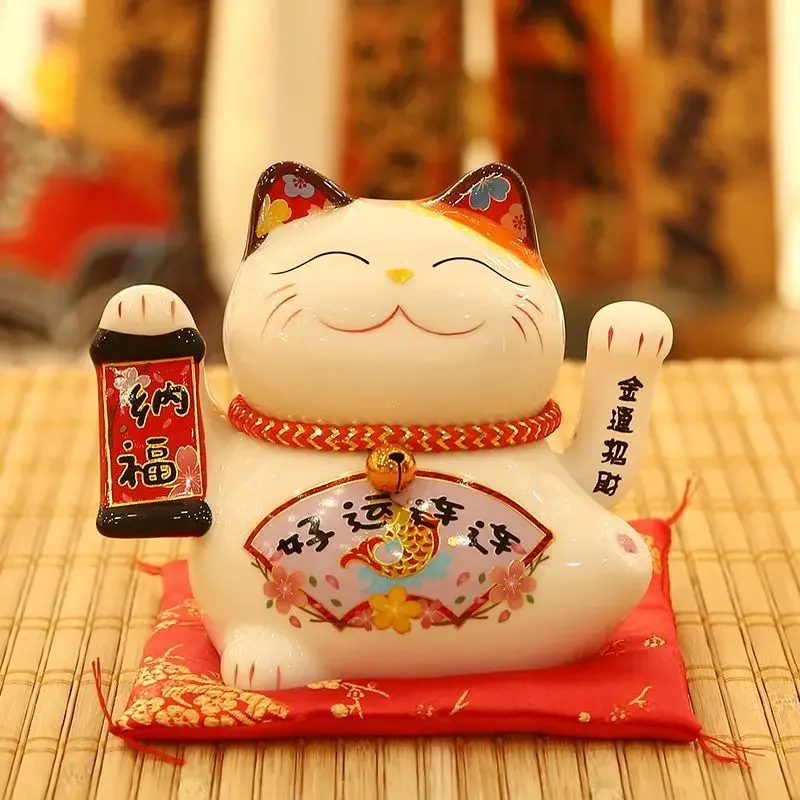 5 Inch Ceramic Fortune Cat Waving Hand Lucky Cat Plutus Cat Battery Powered Feng Shui Maneki Neko Best Gift Home Decoration