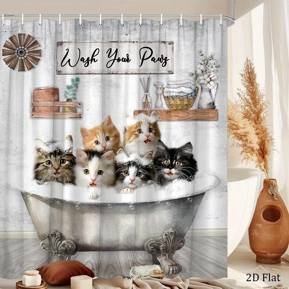 One Playful Shower Curtain Featuring Kittens in a Vintage Clawfoot Tub Surrounded by Bubbles, Perfect for a Cozy Rustic Bathroom