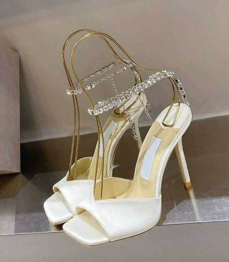 

2025 Spring New Square Peep Toe Stiletto Women's High Heels Fashion Show Large Size Rhinestone Chain Elegant Sexy Ladies Sandals