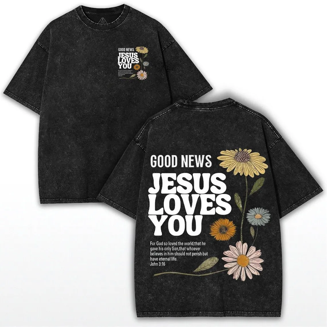 Vintage Washed Jesus Loves You T Shirt Daisy Floral Print Faith Christian Graphic Tee Unisex Cotton Casual Short Sleeve Tops