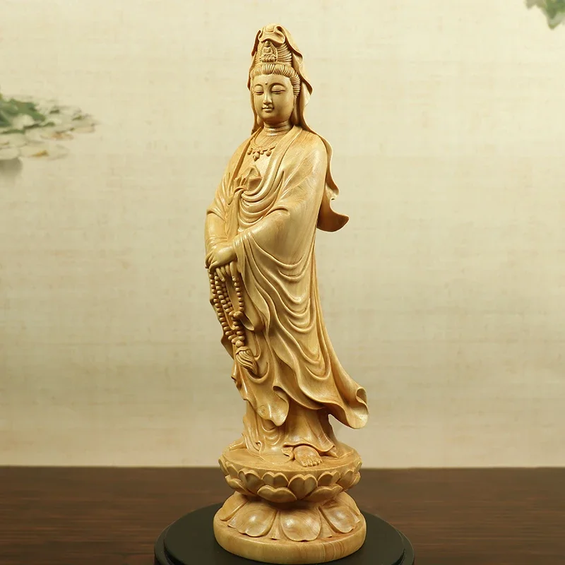 

QWC Boxwood South Sea Guanyin Bodhisattva Solid Wood Carving Bless Care Peace Buddha Statue Home Living Room Decorations Crafts