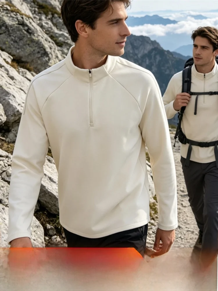High-End Self-Heating Double-Sided Thickened Flocking Autumn Winter Men's 3D Half Zipper Stand Collar Velvet Warm Sweatshirt