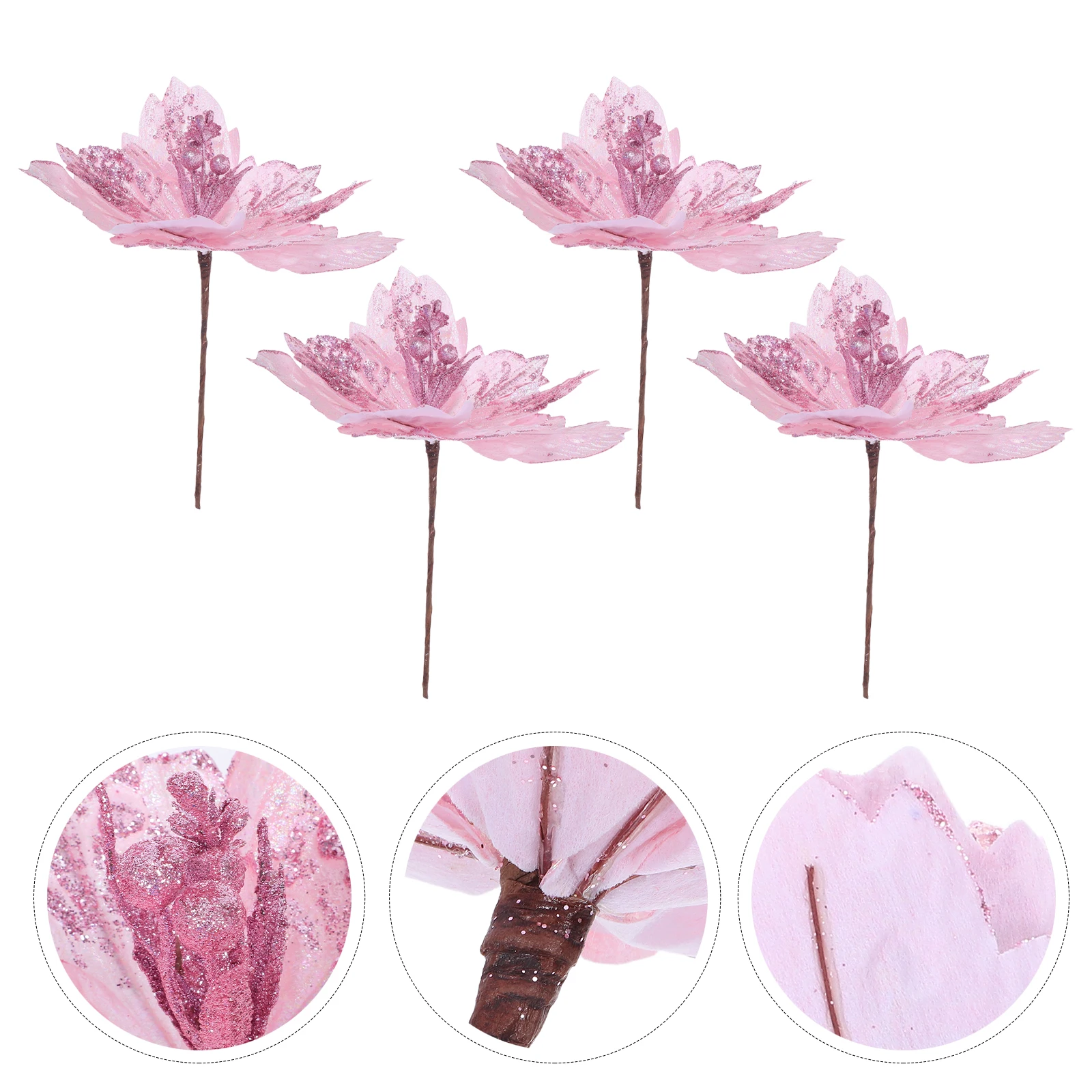 

4pcs Artificial Christmas Flowers Christmas Floral Decorations Sparkling Sequin Poinsettias Faux Holiday Flower Stems For Xmas