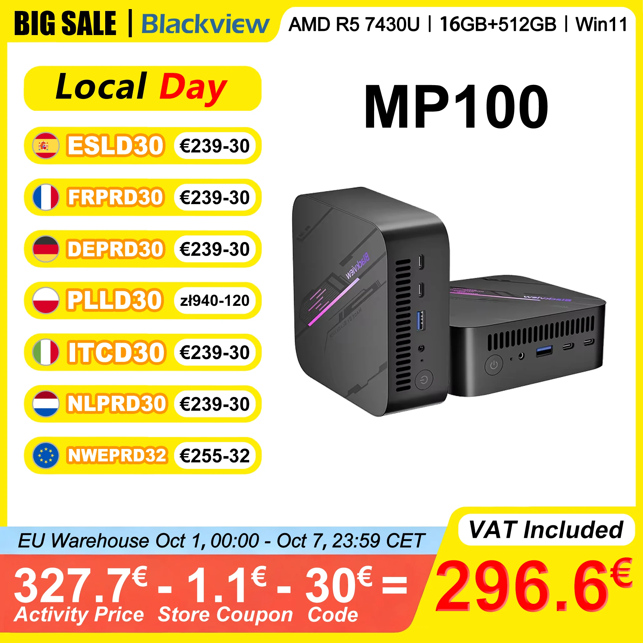 Blackview MP100 Mini PC AMD Ryzen5 7430U 16GB/32GB RAM 512GB/1TB ROM WiFi 6 Windows 11 6-rdzeniowy 12-wątkowy BT5.2 Mini Komputer PC