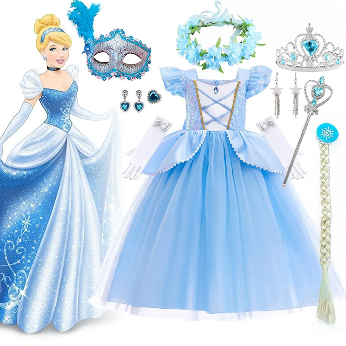 

Disney Cinderella Blue Ball Gown Dress Up Halloween Costume Princess Dress Birthday Party Outfit Dress for Girls 2-10T