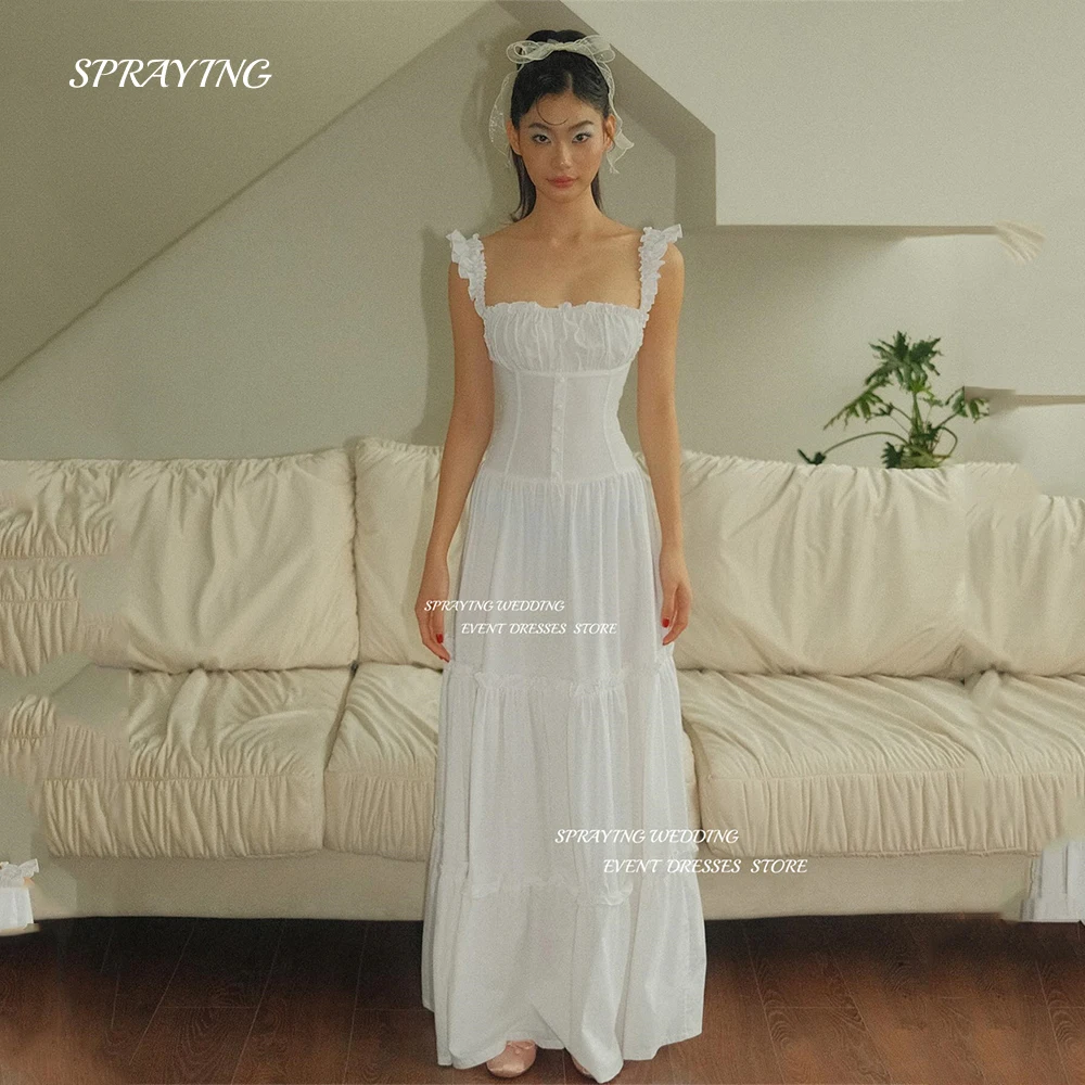 

SPRAYING Charming Square Neck Wedding Dress Korea Photo Shoot A Line Pleats Ankle Length Bridal Dresses Custom Made