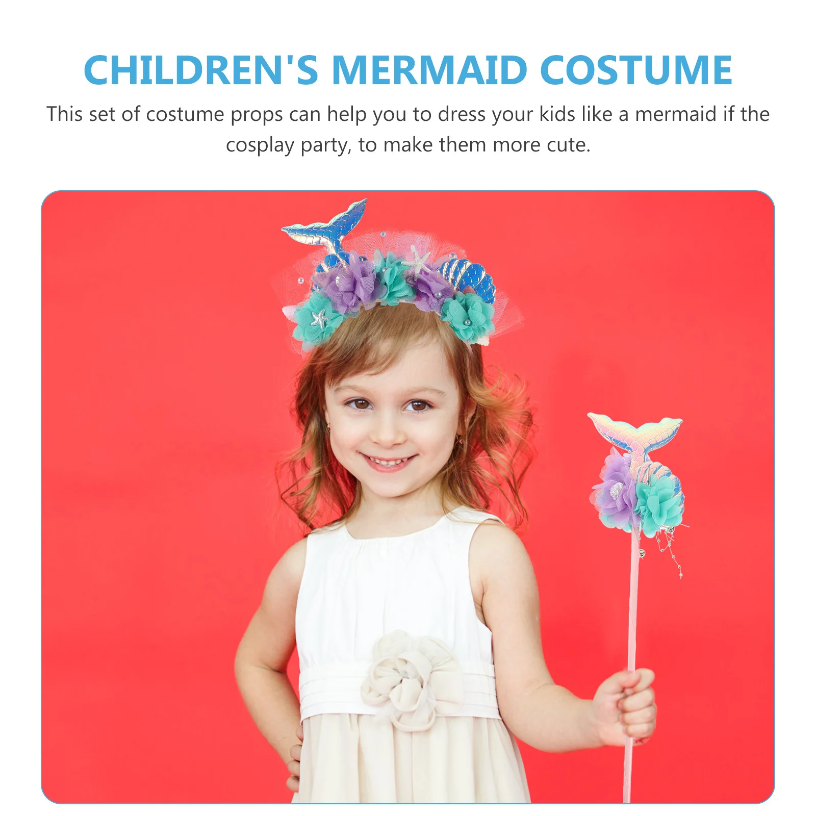 1 Zestaw Kostiumu Syrenki Rekwizyty dla Dzieci Materiałowa Opaska Plastikowa Różdżka Zestaw na Imprezę Cosplay Urodziny Korona Syrenki Różdżka Wróżki Akcesoria