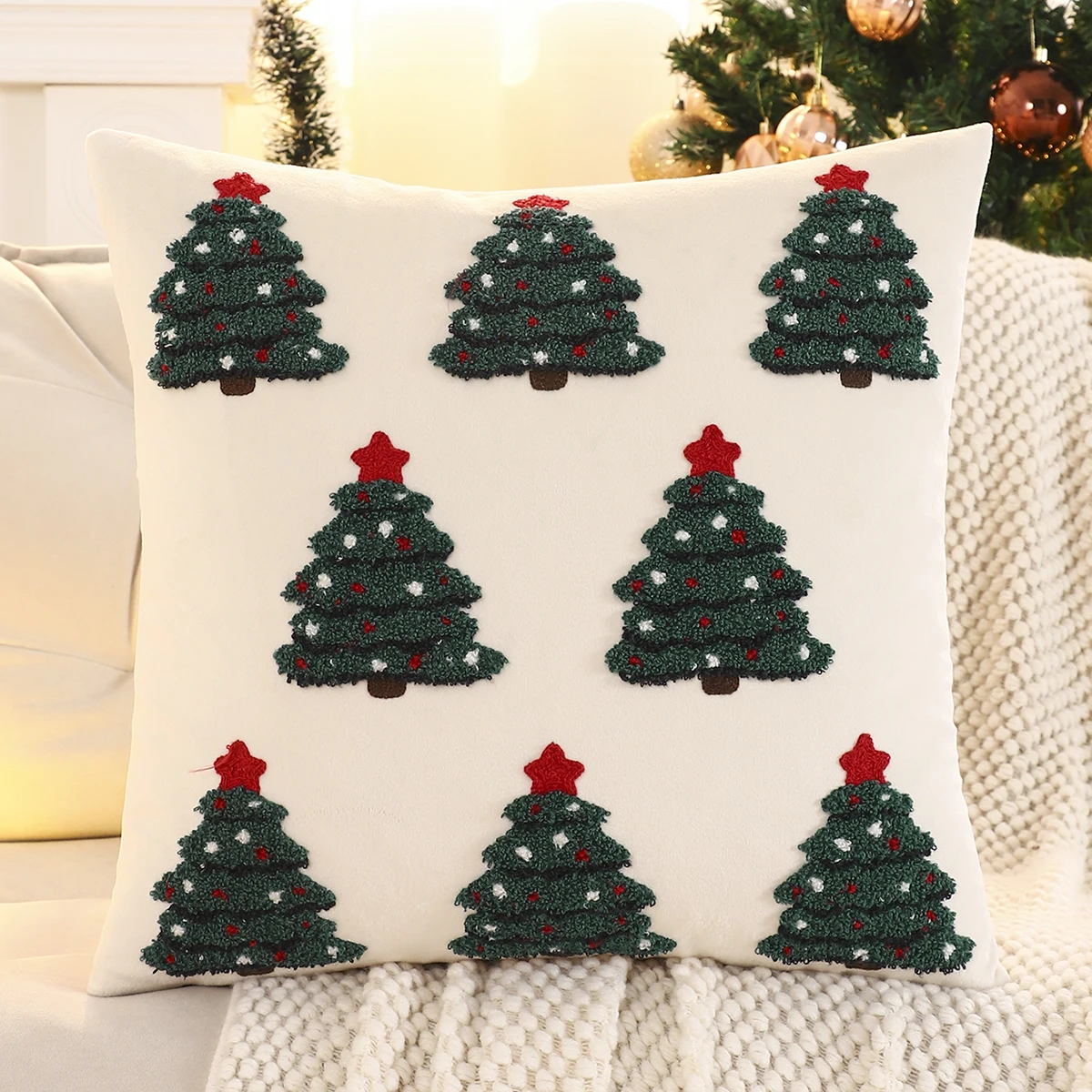 1 PC Christmas Tree Throw Pillow Cover Velvet Embroidery Candy Christmas Decoration Living Room