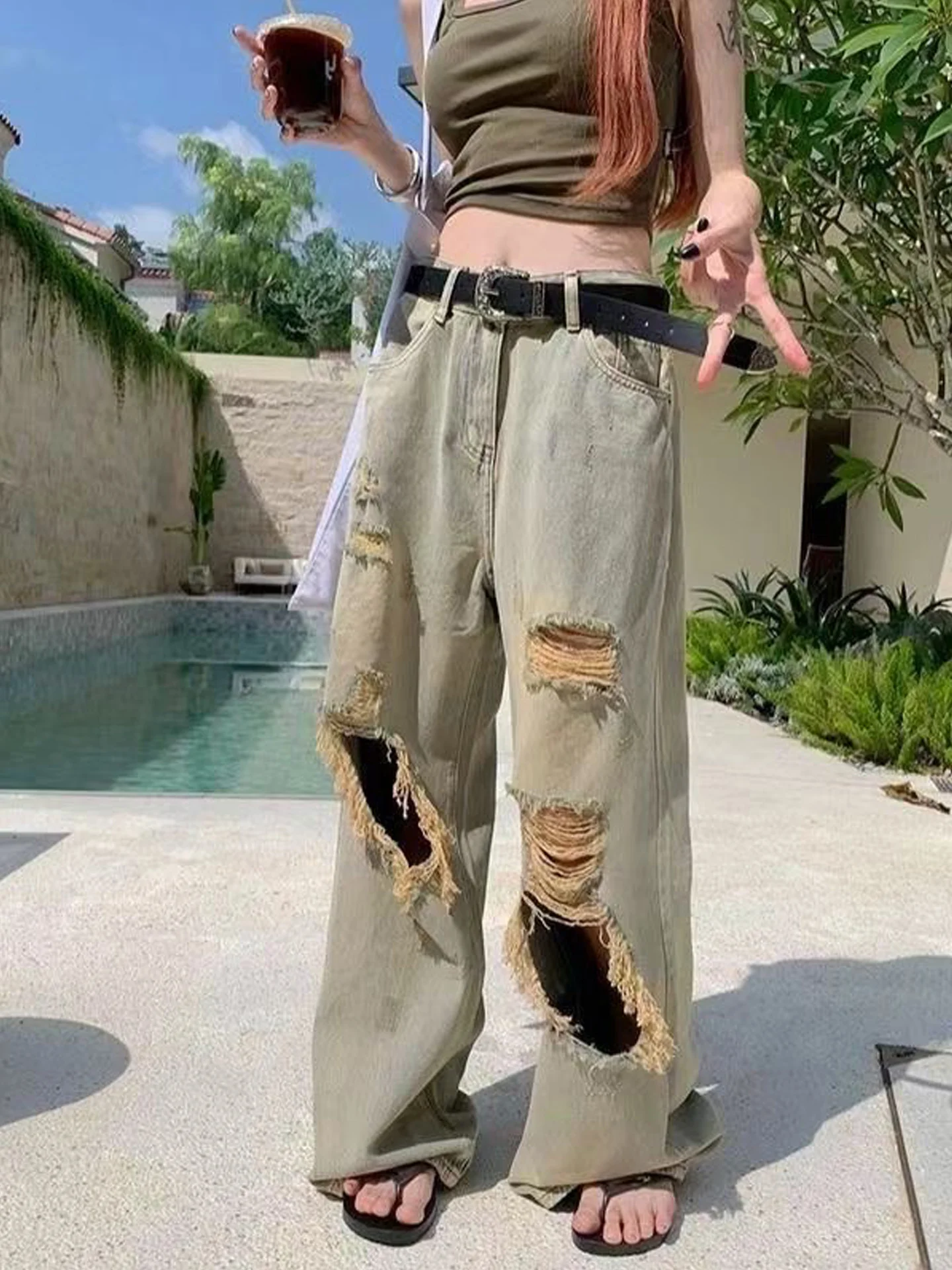 

American Style Vintage Washed Denim Jeans Women's Summer New High Waist Wide Leg Loose Straight Long Trousers
