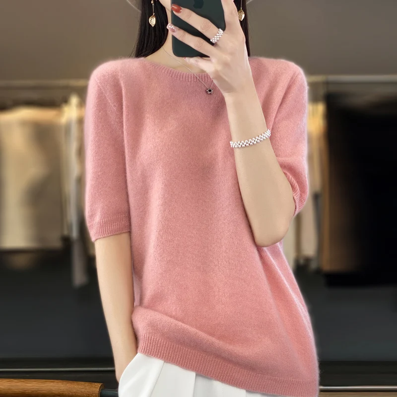 100% Merino wool women\'s O neck knitted T-shirt Korean pullover short sleeve sweater women\'s basic solid color half sleeve women