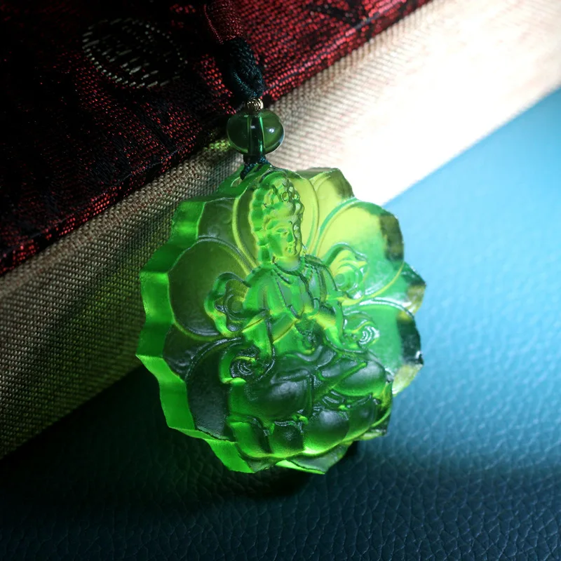 Chinese Style Handmade Green Liuli Guanyin Bodhisattva Pendant Necklace Lucky Blessing Wealth Attracting Auspicious Amulet Jewel