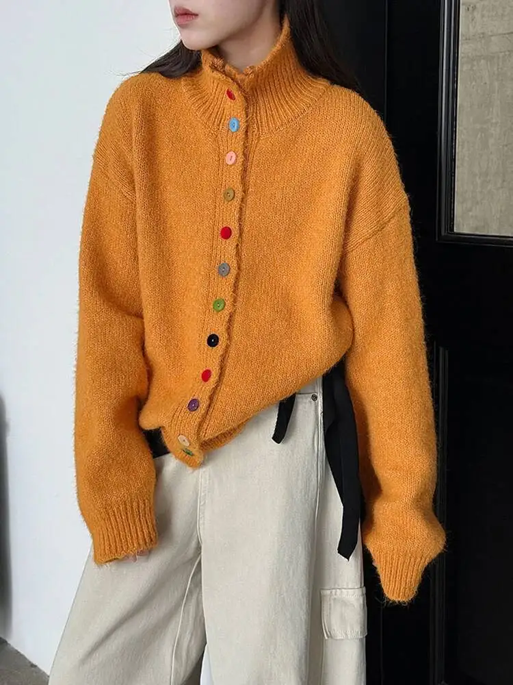 

Оранжевый пуговица, большой размер, вязаный кардиган, свитер, водолазка с длинным рукавом, женская новая мода, весна-осень