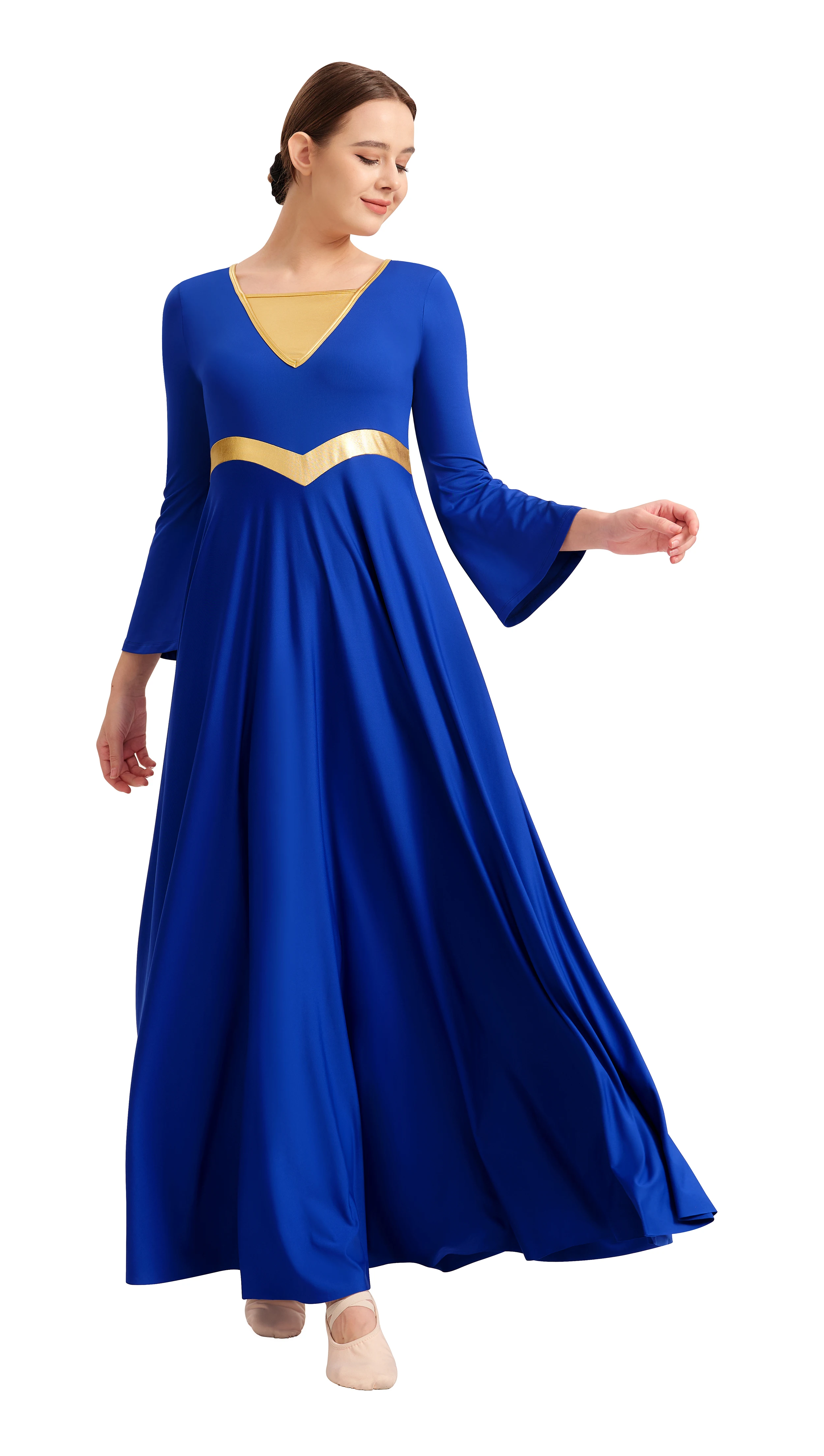 iWomen Abito da ballo di lode con giunture metalliche, taglio libero, costume liturgico da culto a maniche lunghe per adulti con gonna svasata svasata