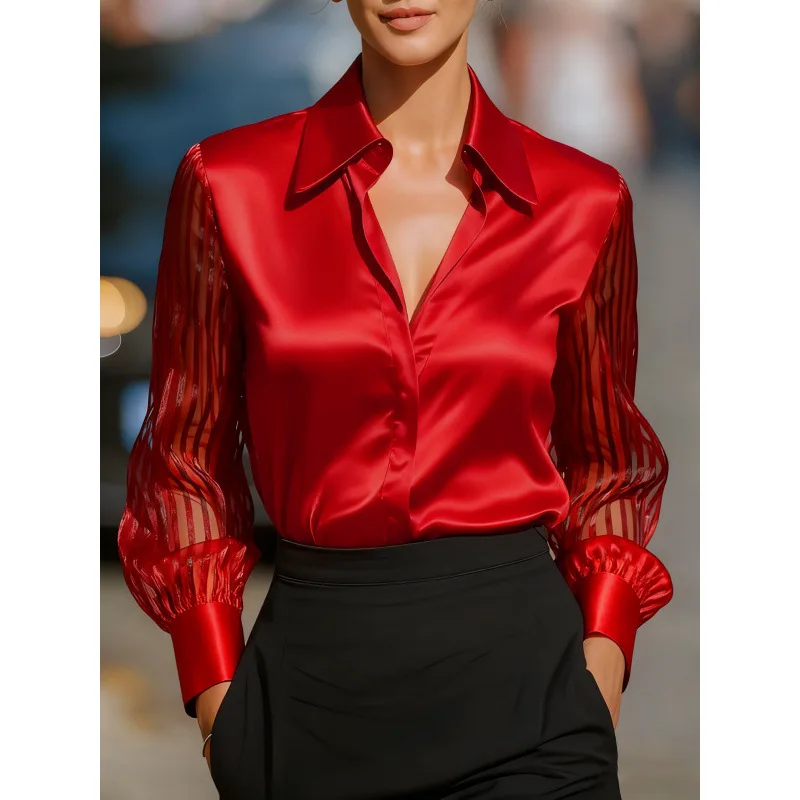 بلوزات خريف جديدة على الموضة لعام 2026 قميص شيفون مُزين بقطع القماش بلون سادة وأكمام طويلة قميص فضفاض مكتب سيدة للنساء ملابس