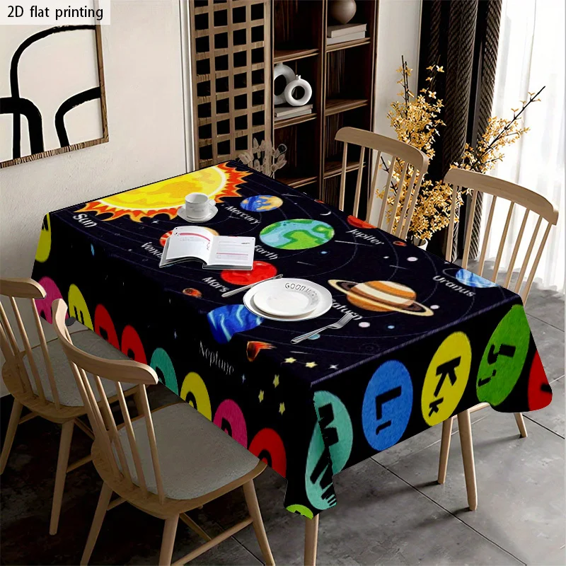 Vibrant Galaxy Planets Tablecloth Waterproof Spillproof Picnic Cloth for Dining Room Party Decor