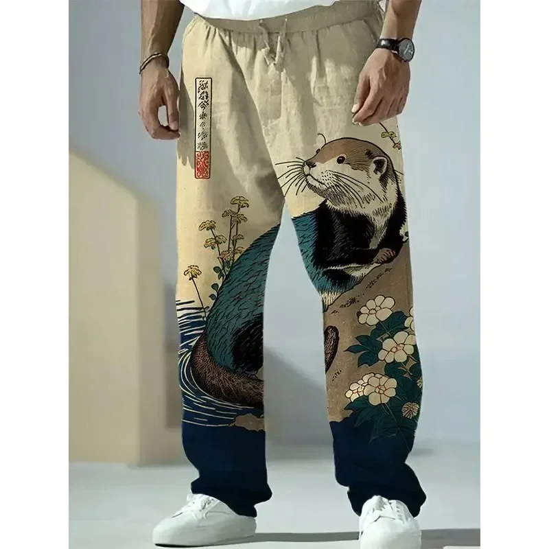 Japanese Harajuku style wide-leg pants fox raccoon print linen men\'s casual pants summer pants street handsome men\'s wide-leg pa