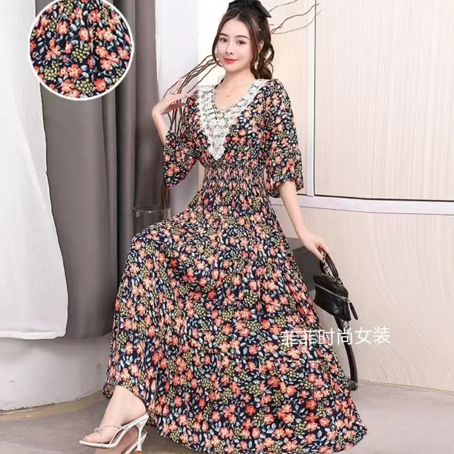 

Vestido Feminino Para Mujer, длинное кружевное платье макси для женщин, лето 2029, индийская одежда, халат в стиле бохо с цветочным принтом, корейский повседневный праздник