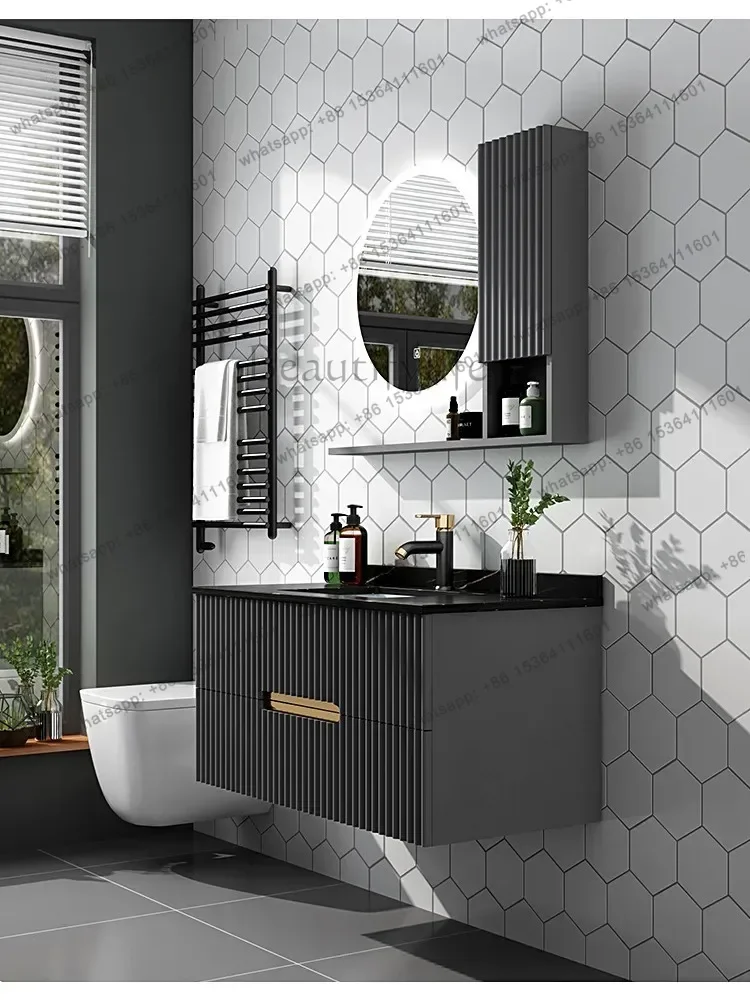 Light luxury rock slab integrated basin bathroom cabinet combination modern simple smart bathroom face wash hand pool