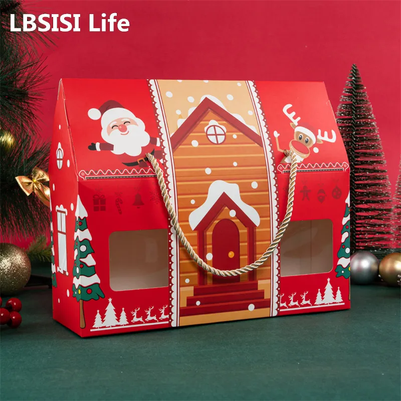 LBSISI Life 4Pcs Christmas House รูปร่างของขวัญกล่องสำหรับทำด้วยมือ Handmade Nougat Candy บรรจุภัณฑ์ขนมขบเคี้ยวคริสต์มาสปีใหม่ Party Favors พร้อมถาด