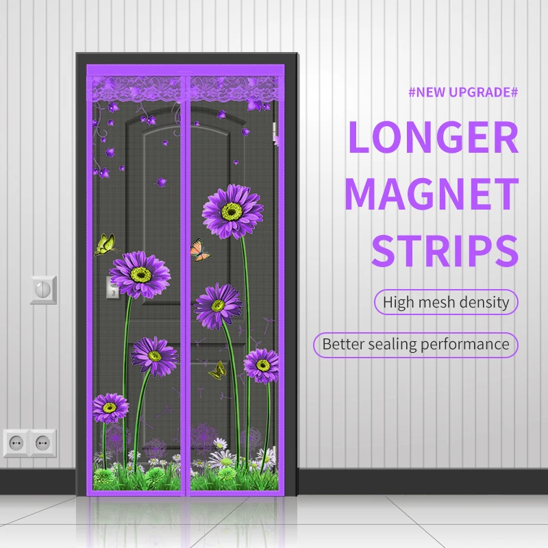 

New silent mosquito proof door curtain with purple lotus chrysanthemum mesh magnetic suction self-adhesive high-end partition cu