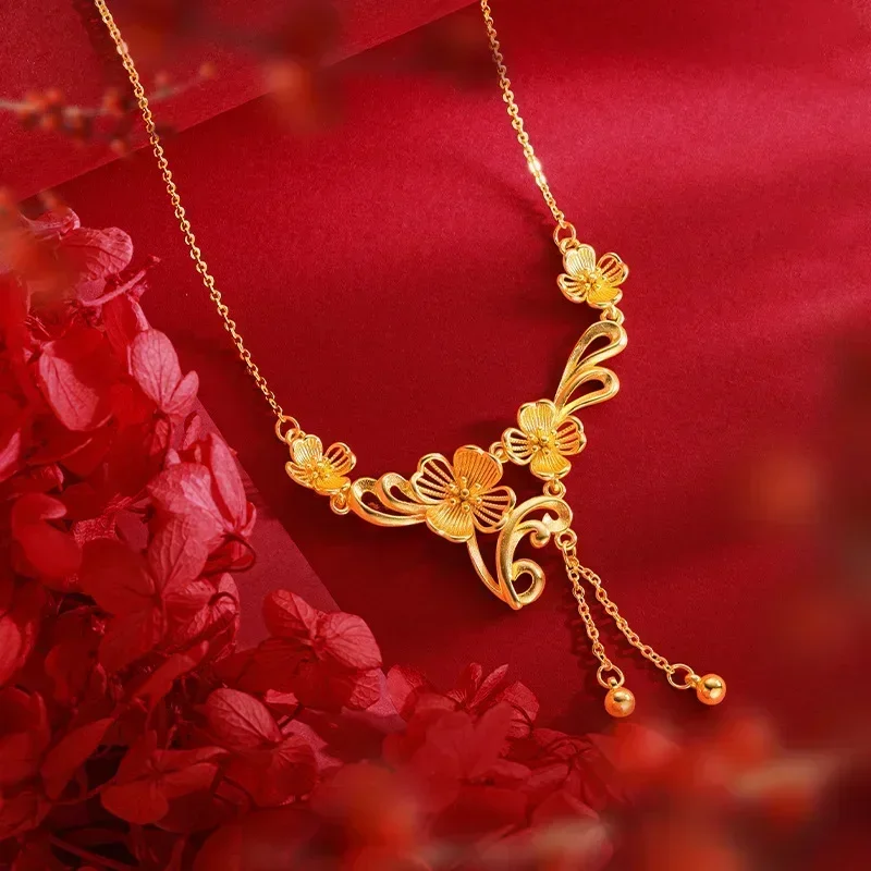 Eldorado Gold  9999 Real Gold 24K New Chinese Golden Girl Flower Clavicle Necklace, Premium Wedding Four Flower Tassel Set Chain