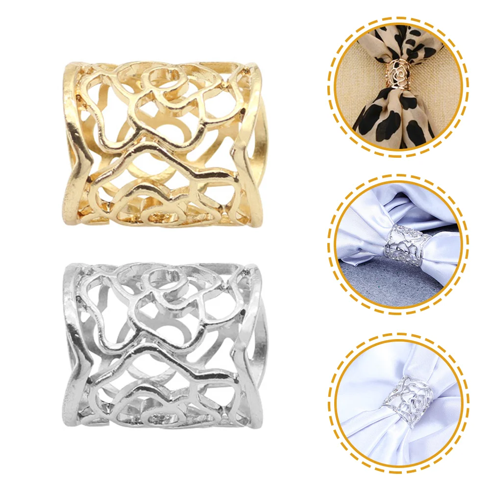 2pcs Women's Vintage Hollow Rose Pattern Scarf Buckle Clip (Silver/Golden)