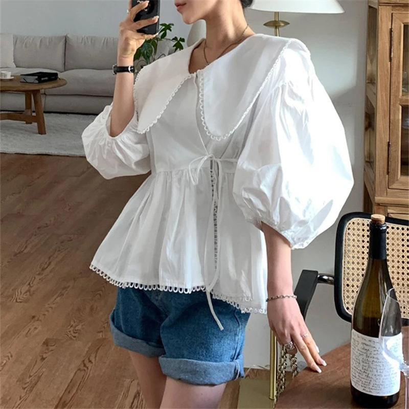 REALEFT Spring Summer Cotton Women\'s White Blouse Lace Turn-down Collar Casual Loose Korean Shirts Female 2024 New