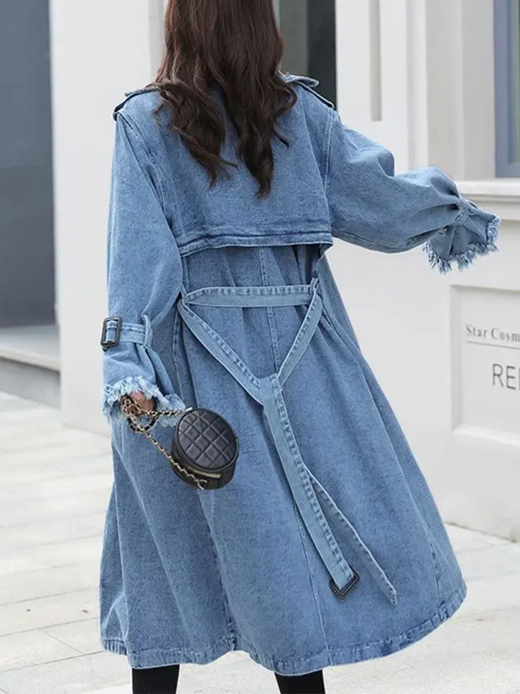 

New Spring Autumn Women Fashion Denim Trench Coat Double Breasted Lace-up Long Jean Jacket Vintage Solid Color Outwear