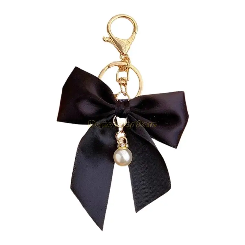 X90D Elegant Ribbon Bows Keychain With Imitation Pearls Detail For Handbag Purse Decoration Practical Metal Keyring Accessory