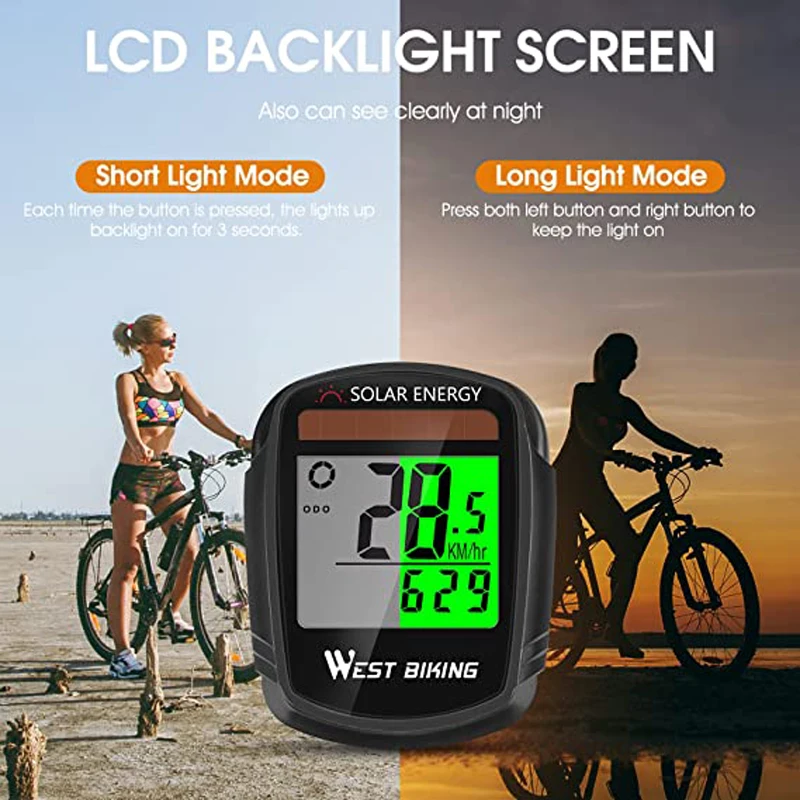 WEST BIKING Solar Powered Bike Computer Wireless Waterproof Bicycle Speedometer Odometer Automatic Wake-up Bicycle Computer