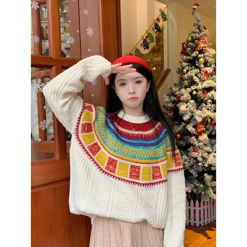 Korobov Y2k Clothes for Women O Neck Sweater Female Winter Vintage Knitwears Wild Rainbow Color Jumper Korean Fashion Pull Femme